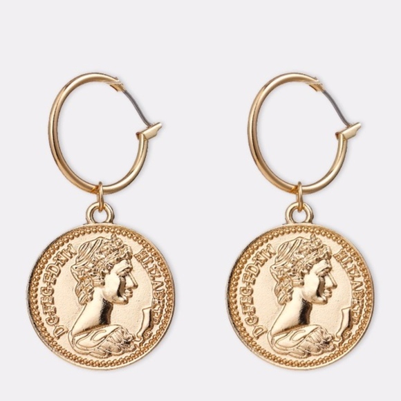 Coin Double Sided Two Pence Gold Hoop Earrings - Picture 2 of 7